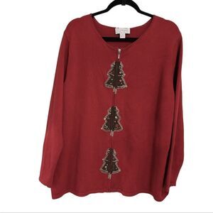 C.J. Banks Chrustmas Sweater Cardigan 2X Hand Embroidered Zip Up 100% Cotton